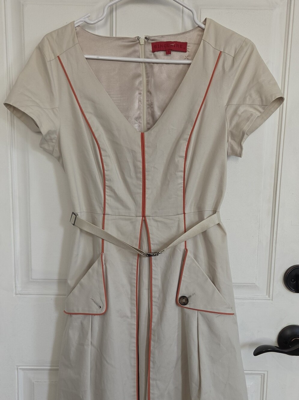 Sinclaire 10 Beige Midi Dress with Coral Piping (D22)